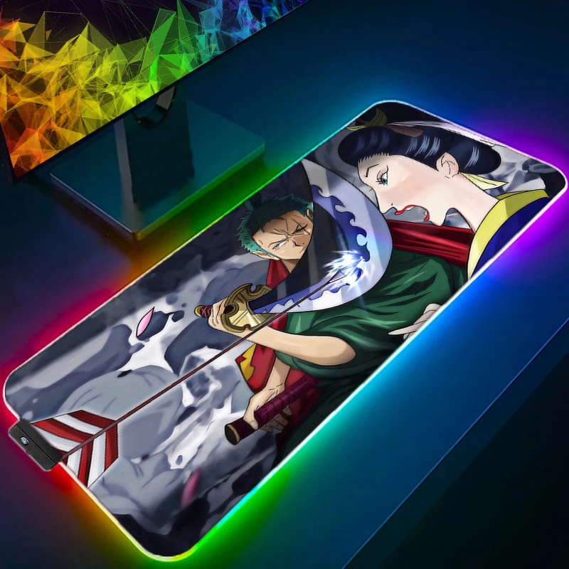 Imagem -05 - Rgb Led Mouse Pad Anime Tapete de Mouse Computador Gamer Acessórios Mouse Teclado Deskpad à Prova Impermeável Água Roronoa Zoro Padrão Tapete de Mesa