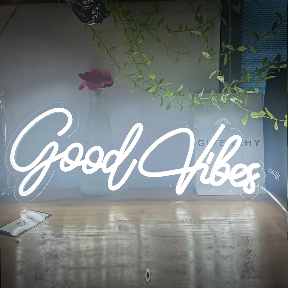 50cm LED Neon Light Sign 'Good Vibes' White Letters Wall Decor for Bar KTV Room Bedroom Wedding Party Lighting
