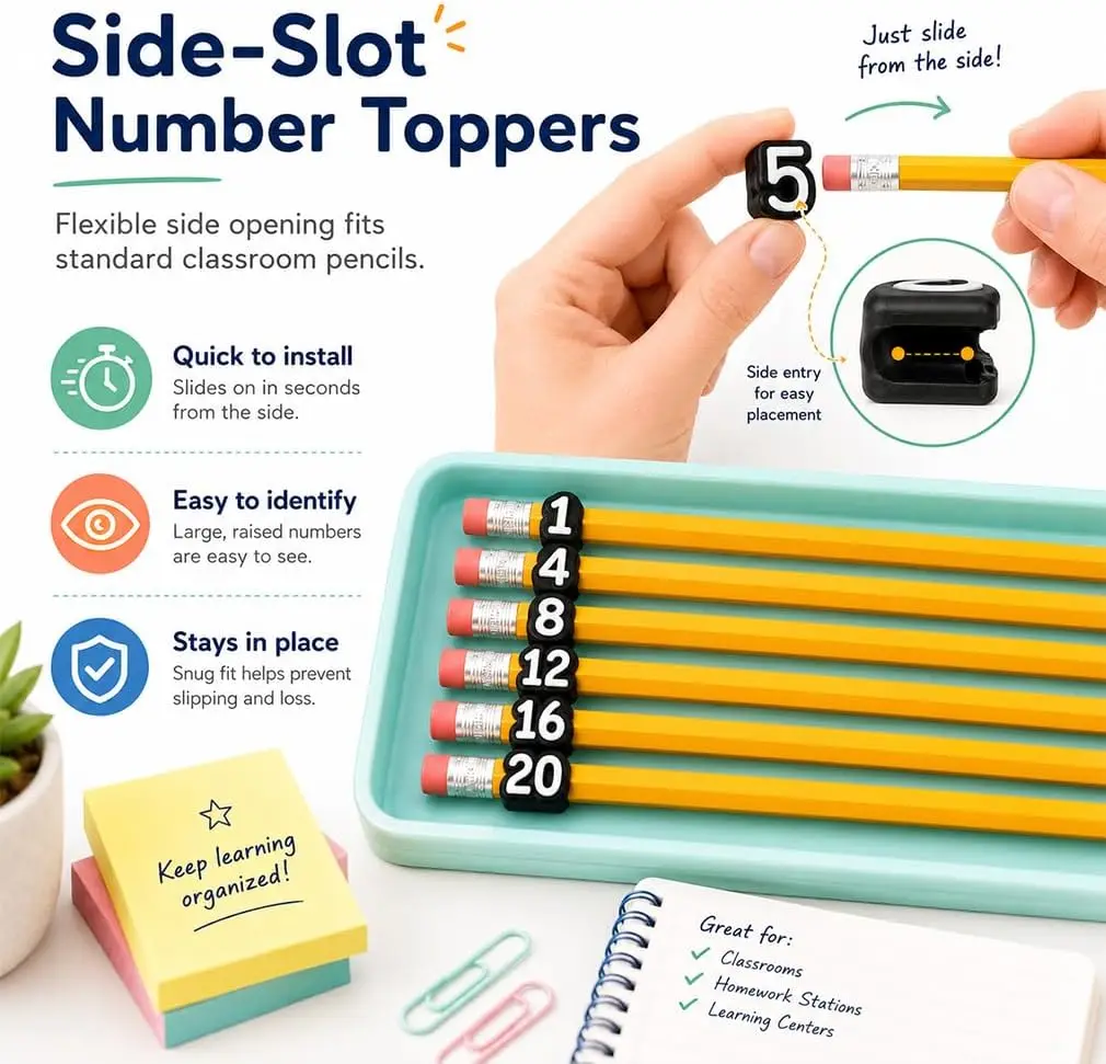 30 Numbered Pencil Toppers Reusable Classroom Pencil Labels Number Pencil Toppers for Classroom Organization and Supply Tracking