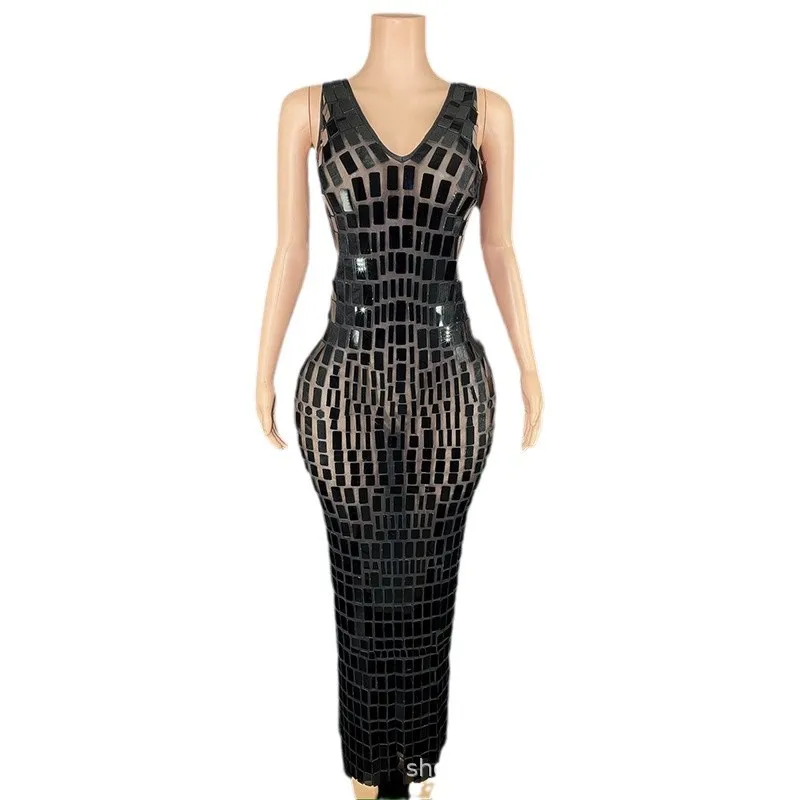 

Высококачественное черное облегающее бедра платье с пайетками, костюм певицы, высококачественная атмосферная черная модная одежда, подиум