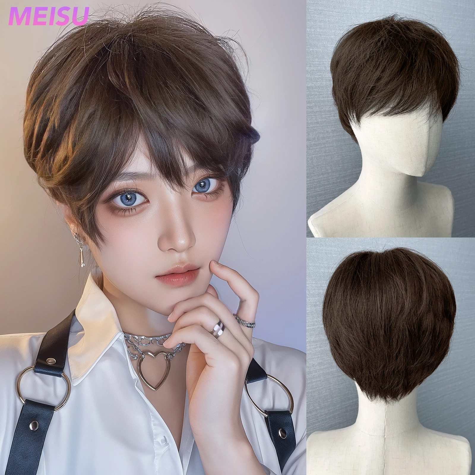 

MEISU 8-дюймовые синтетические короткие прямые мужские парики с челкой, коричневые, черные, термостойкие, натуральные и гладкие, повседневная одежда для мужчин, парик