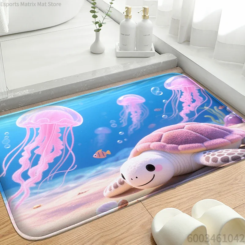 Pink Jellyfish Print Bathroom Mat Water Absorbing Non‑slip Toilet Decor Rug Machine Washable Floor Carpet