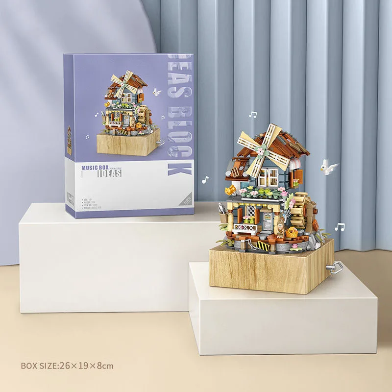 Idea Music Box Building Brick Windmill Village House Rural Mini Block Cartoon Figures Construction Model Sets Toys For Kids Gift