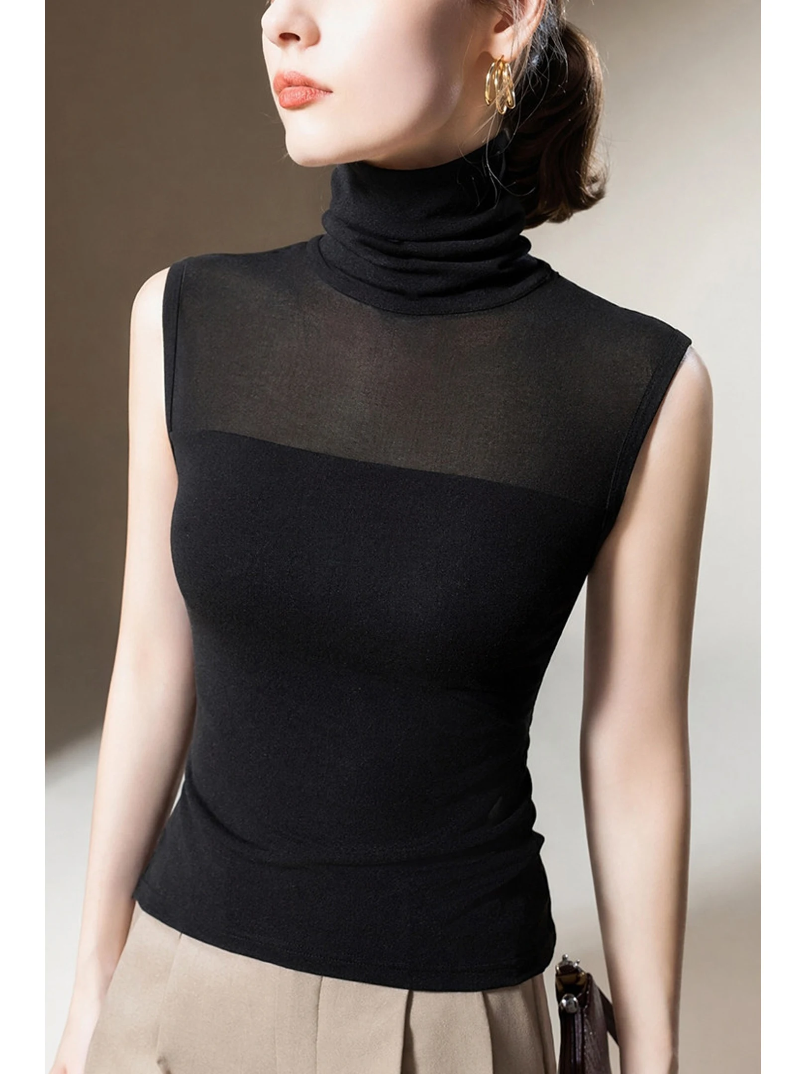 Elegant High Collar Sleeveless Mesh Vest Women's Base Shirt Black Semi-Transparent Thin Cloth Shoulder Top Autumn Casual Wear