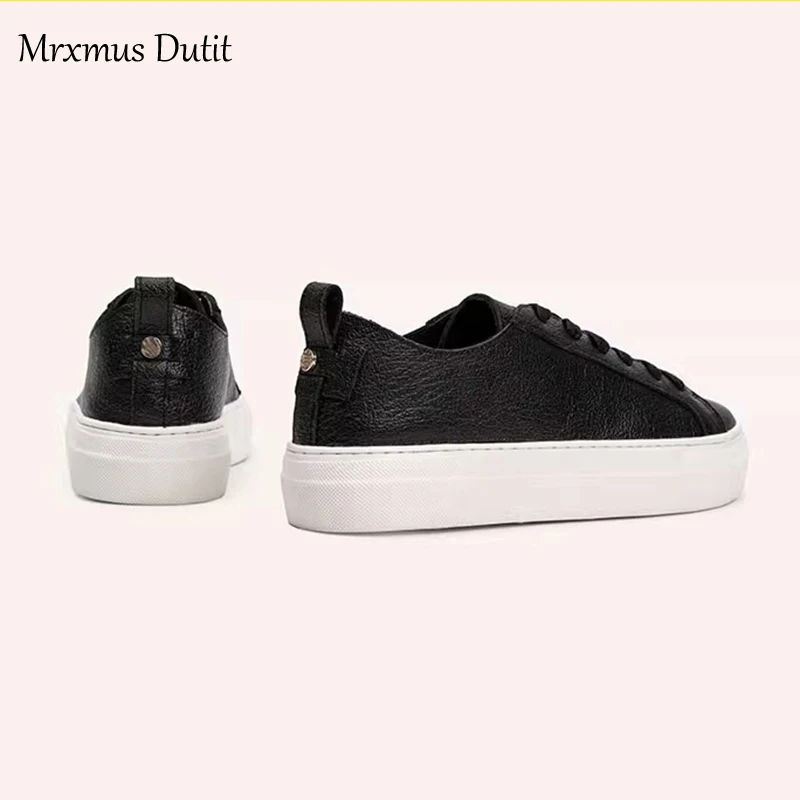 Mrxmus Dutit2024 New Spring Autumn Genuine Leather Women Lacing Basic White Flat Shoes Casual Solid Color Simple All-match Femme