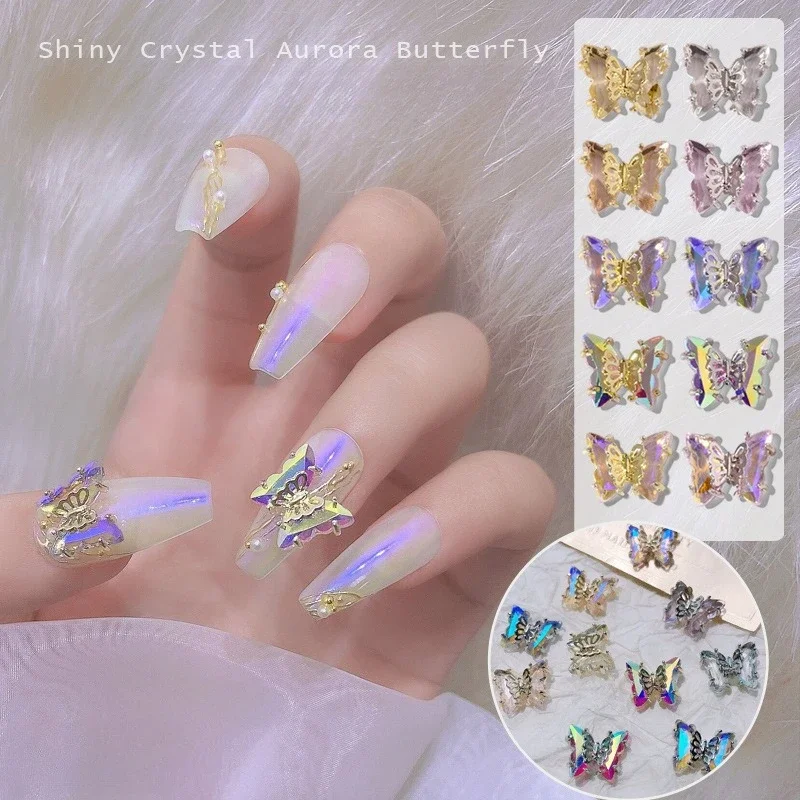 1Pc New Crystal Butterfly Nail Charms, Double Layer Aurora 3D Alloy Ornaments For DIY Stylish Press On Nail Decor