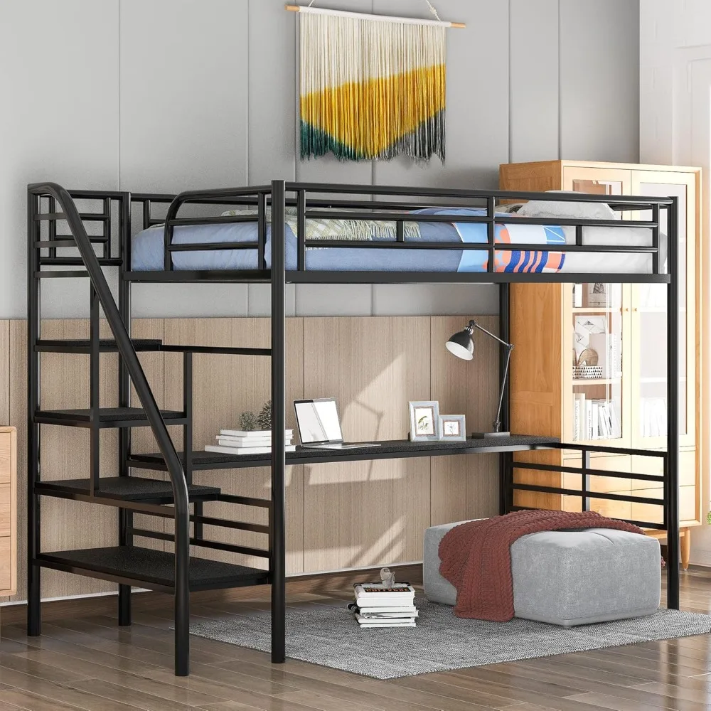 Metal Bunk Bed Twin  Loft  2 Secured Ladders, Trundle Bed Twin with Day, Space-Saving Bed Frame Safety Guard metal loft