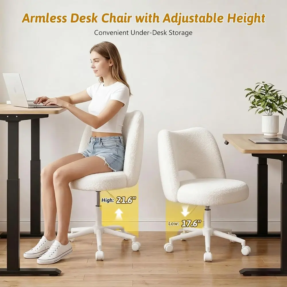 Vanity Chair with Open Back & Wheels, luy Teddy abric,Arml, Height Adjustable,300lbs or Makeup Room, Bedroom,Cream - view 4