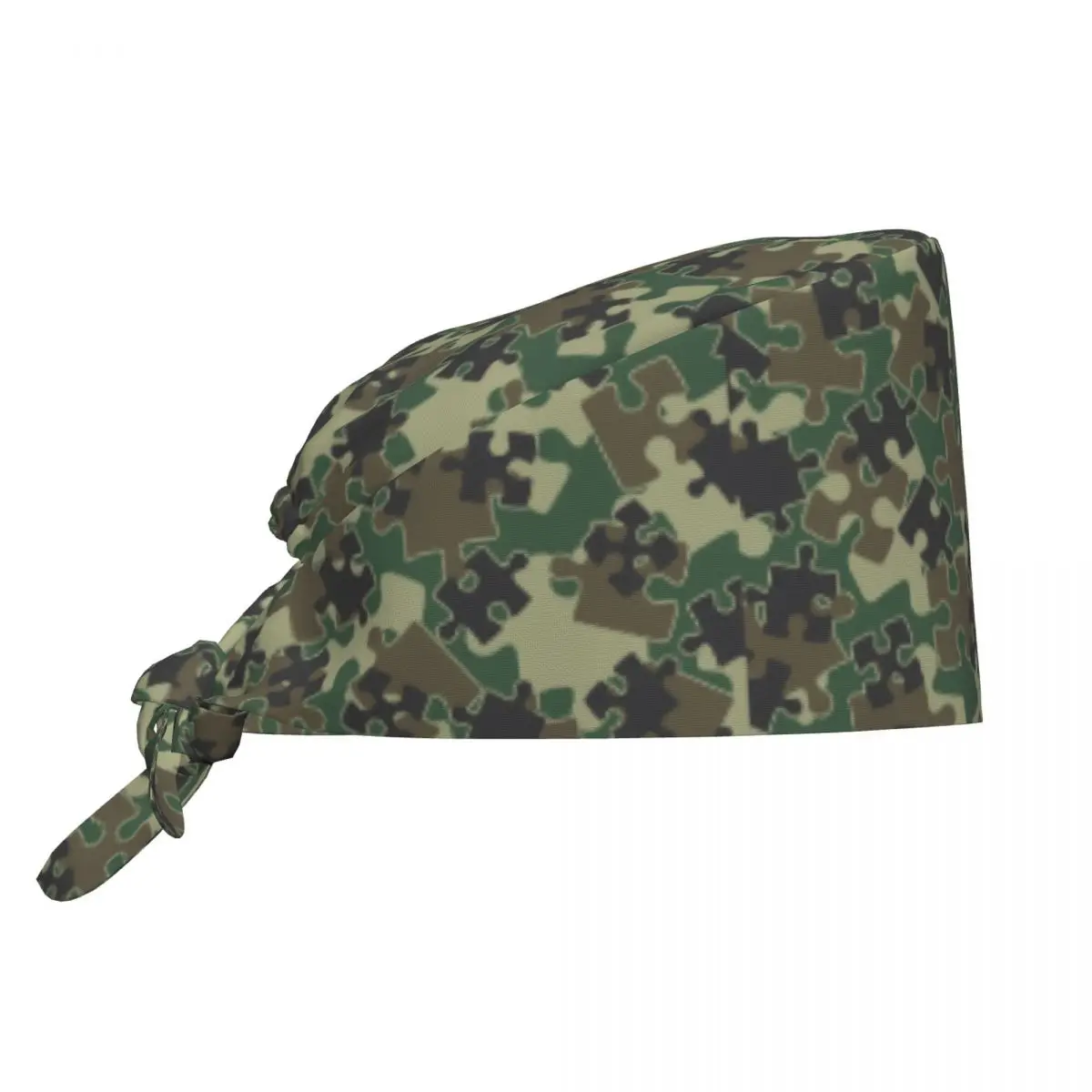 Adjustable Jigsaw Puzzle Pieces Camo Woodland Green Working Hat Camoflage Surgical Hat Scrub Nursing Doctor Surgeon Cap for Chef