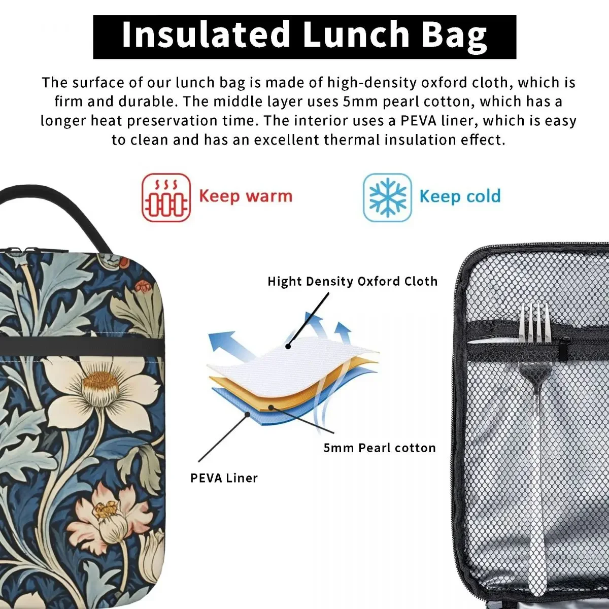Framed William Morris Botanical Bliss Insulated Lunch Bag for Women Children Leakproof Food Boxes Thermal Lunch Box Tote