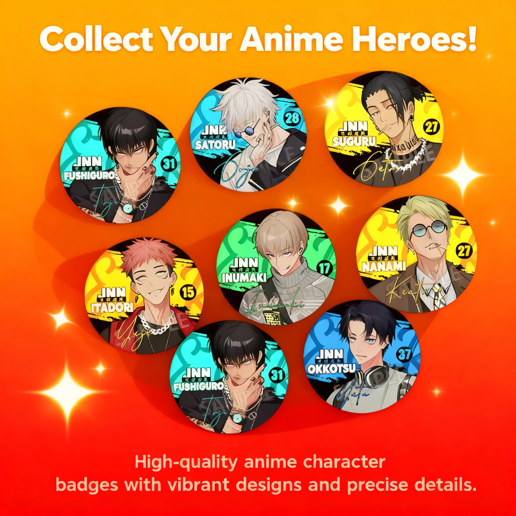 Pin Reflectante Oficial de Anime Jujutsu Kaisen con Gojo Satoru, Geto Suguru, Itadori Yuji, Fushiguro Megumi e Inumaki Toge