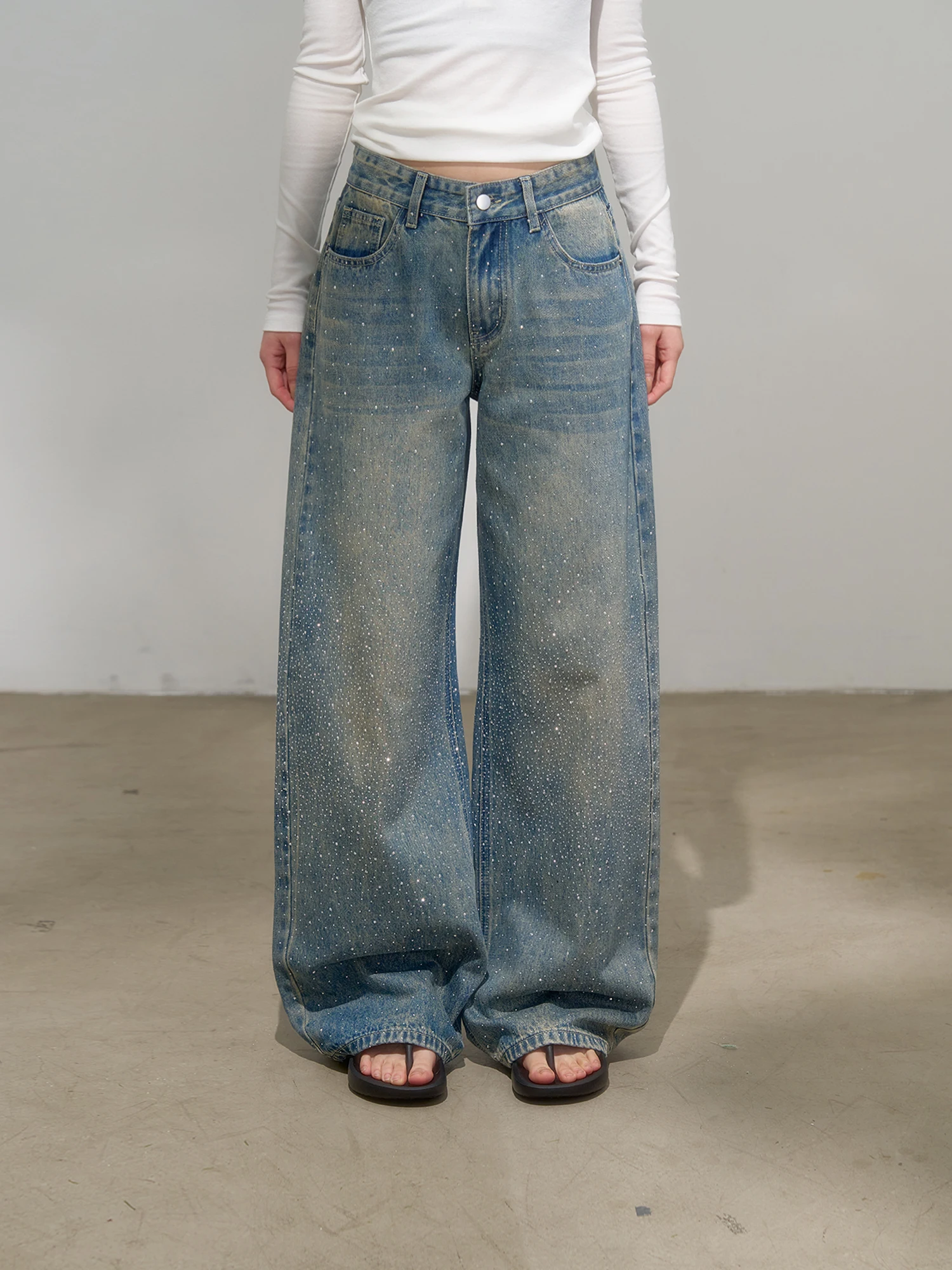 

Retro Blue Rhinestone High Waist Wide Leg Jeans Women's High Rise Straight Street Small Spring Summer Long Pants
