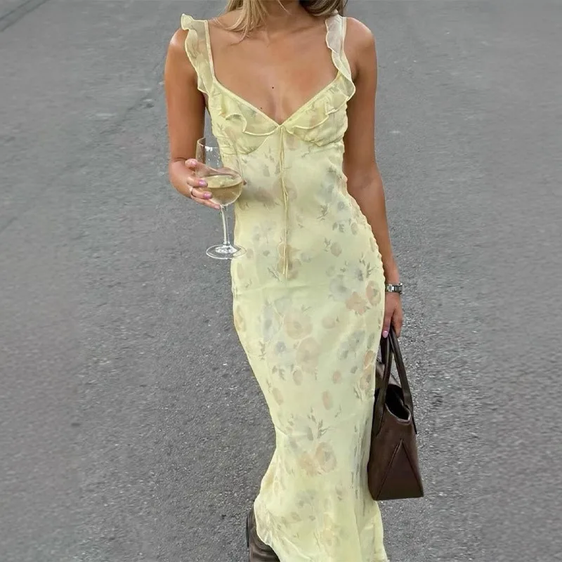 Vestido Sexy de corte bajo con estampado de flores para mujer, Vestidos ajustados sin mangas con espalda descubierta y tirantes, Vestidos para vacaciones en la playa 2025