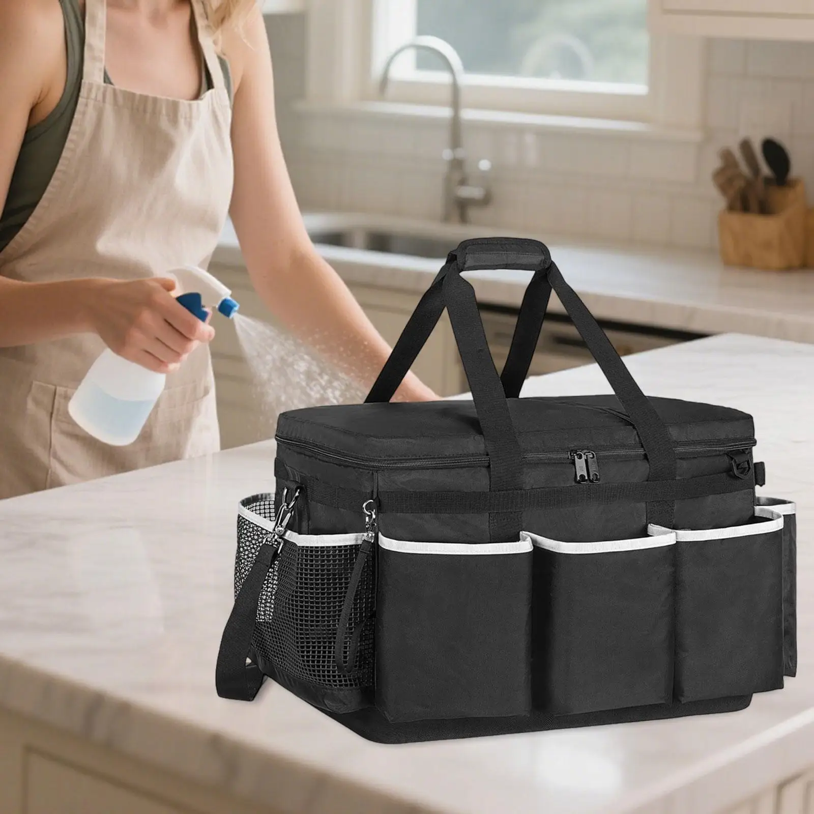 Housekeeping Tote Bag Organizer for Working Tools Removable Divider Carrier for Cleaners Kitchen Bathroom