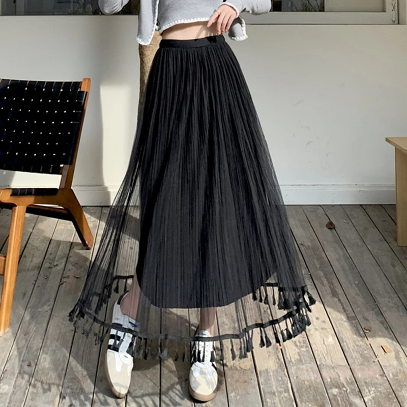 Autumn Women Tassels Gauze High Waisted Pleated Skirt Korean Ladies Solid Casual Harajuku Elegant Loose A-Line Skirt Female