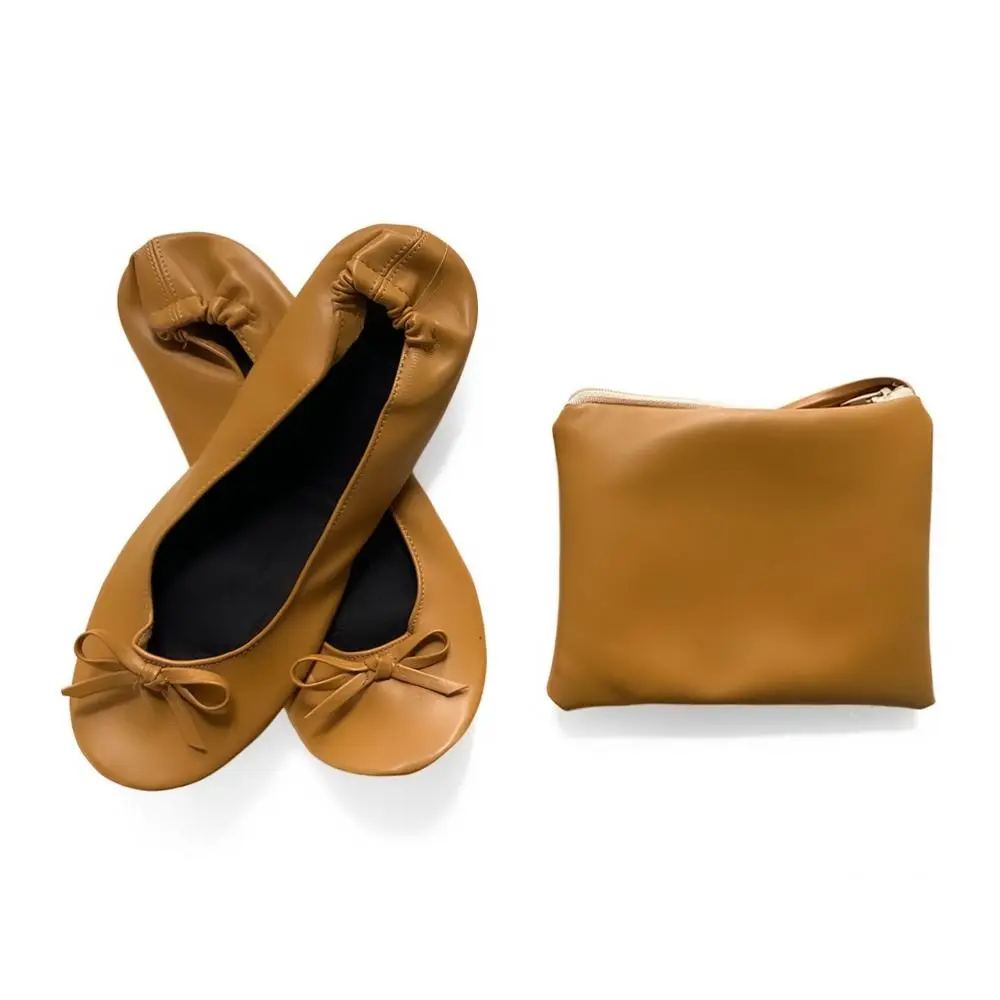 Comfortable Portable Foldable Ballet Flats Matching Carrying Bag Roll up Fold up Shoe Bow Round Toe Ballerina Flats Ladies