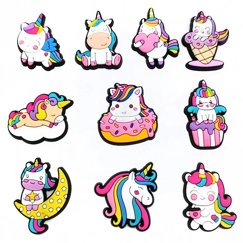 10Pcs Unicorn Macarone Shoe Charms for Clogs Bubble Slides Sandals PVC Shoe Decorations Buckle Accessories for Kids