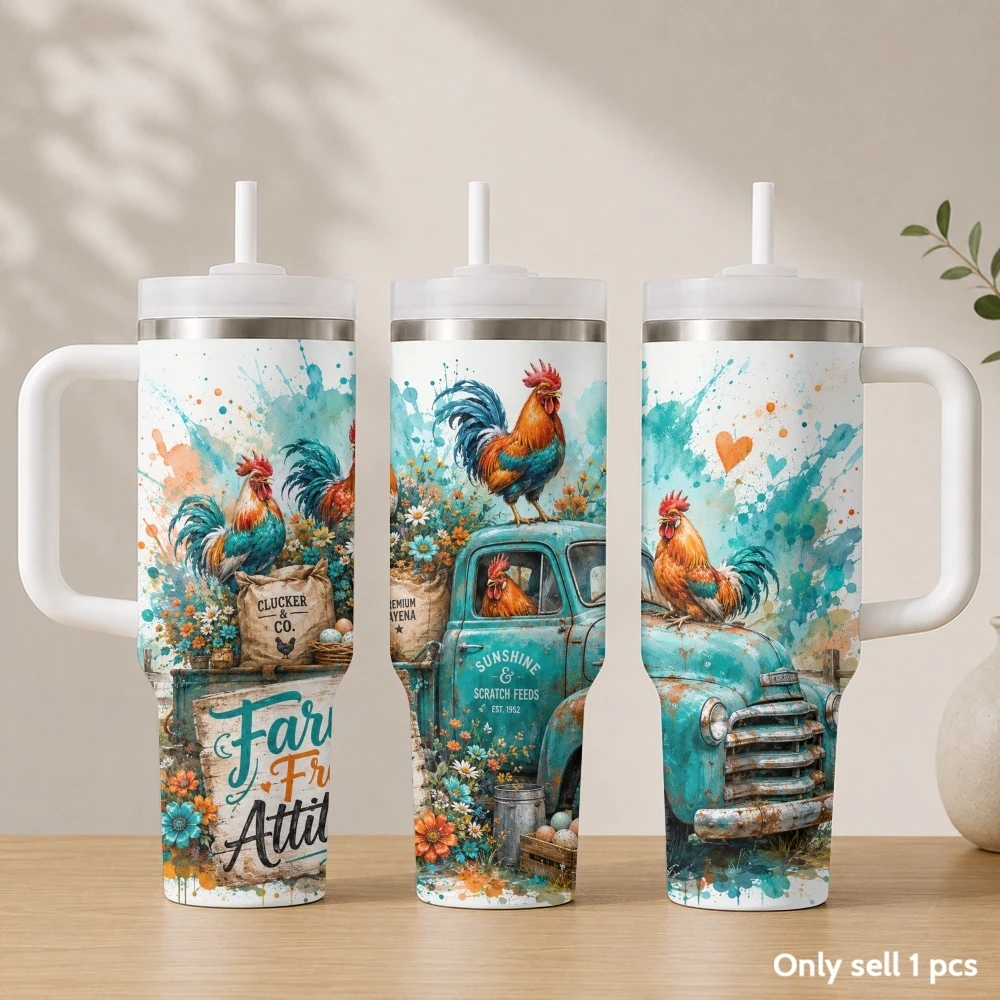 Interesting Chicken Print Vacuum Flasks 40oz Stainless Steel Insulated Tumbler with Handle & Straw Leakproof Travel Mug