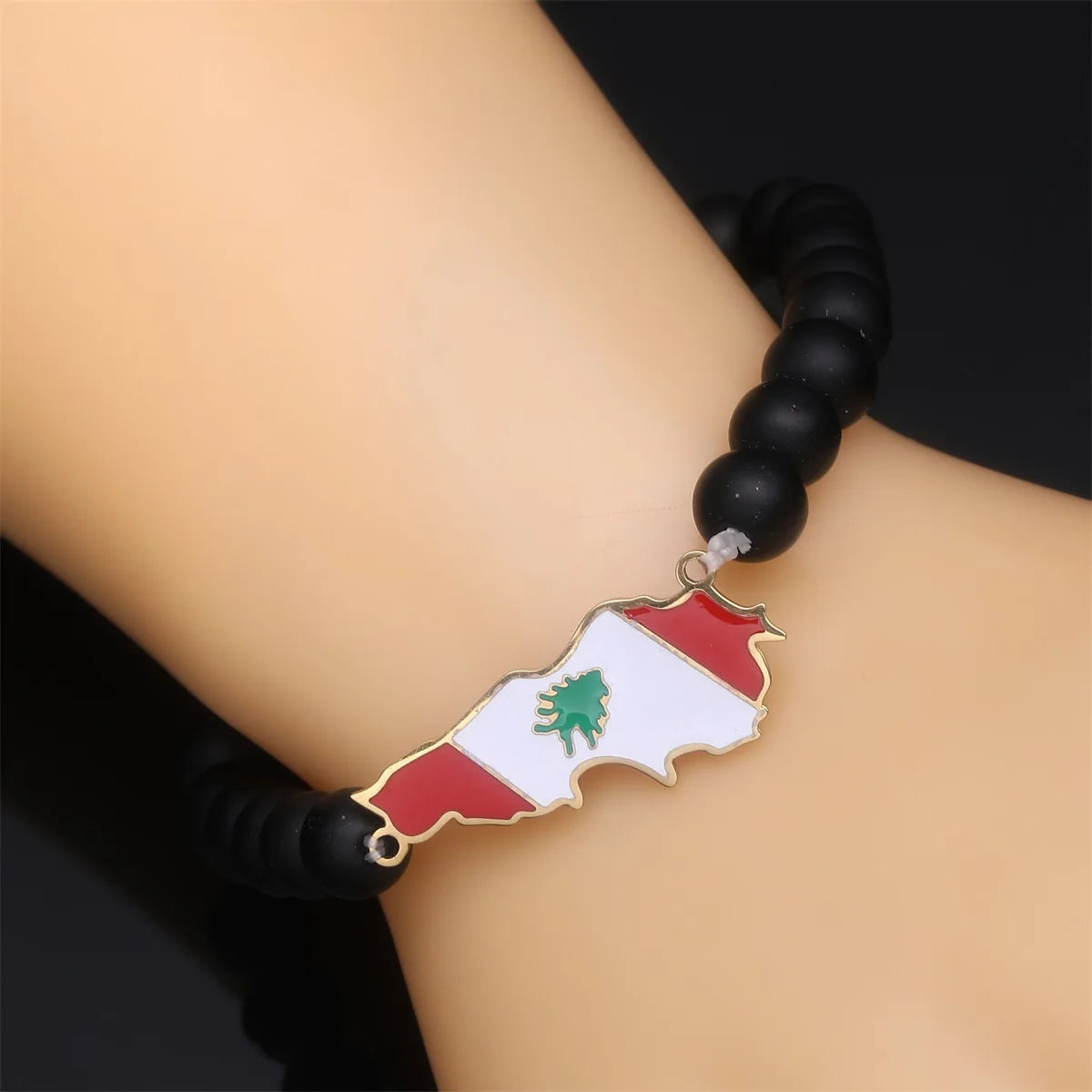 Liban Map With Flag Black Beads Bracelet  Jewelry Lebanon Map