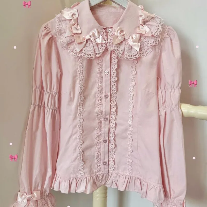 Lolita Retro Originele Veelzijdige Boog Kant Peter Pan Kraag Lange/Korte Mouw Lotus Knoop Shirt Leuke Meisjes Nieuwe Blouse Womens tops