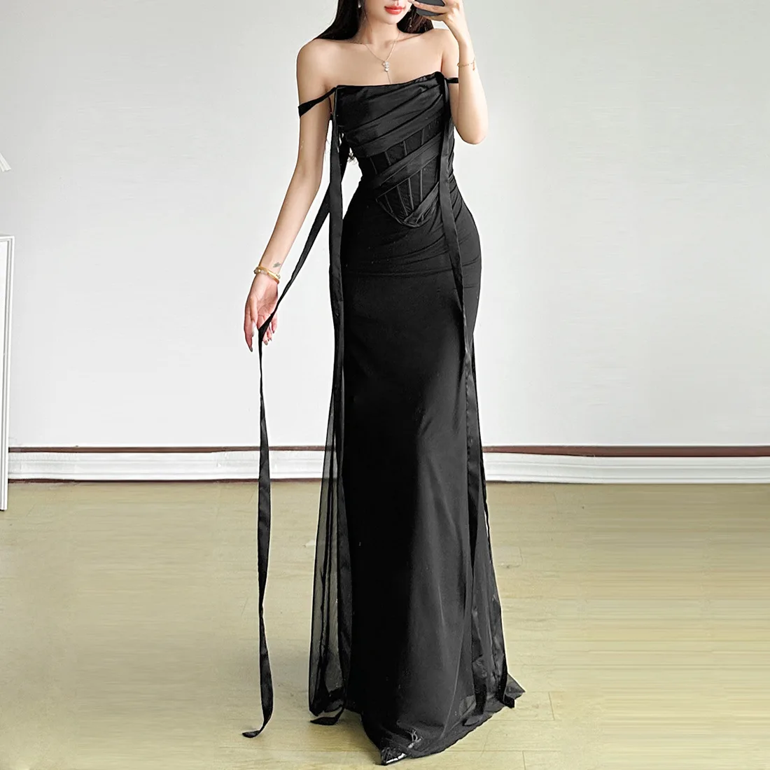 

Ribbons Decoration Gothic Long Dresses Woman Chest Wrap Off Shoulder Backless Skinny High Waist Street Fashion Elegant Vestidos