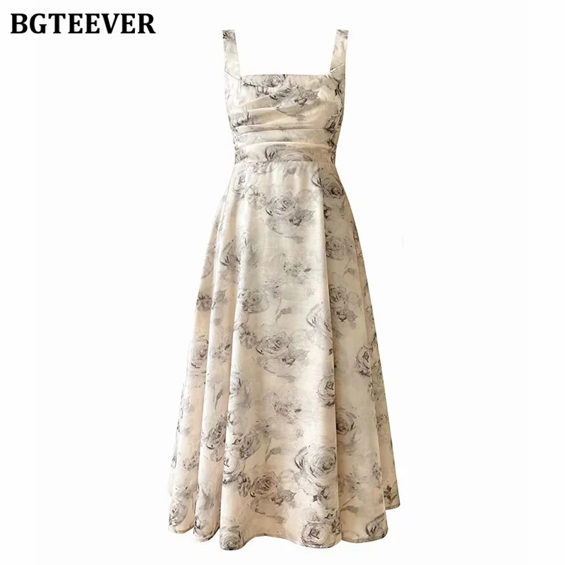 BGTEEVER Summer Sleeveless Women Printed Dress Elegant Slim Waist Spaghetti Strap Female A-line Dress Elegant Ladies Vestidos