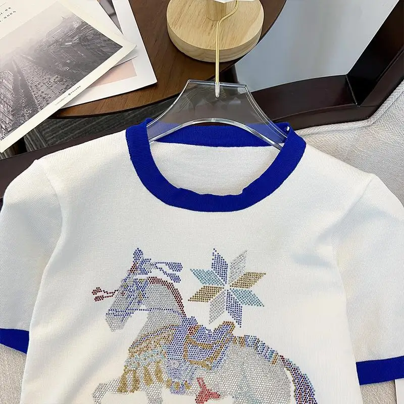 Women Stylish Casual Contrast Color Rhinestone Ice Silk Knitted T-shirt Summer Elegant Chic O Neck Short Sleeve Loose Basic Tops