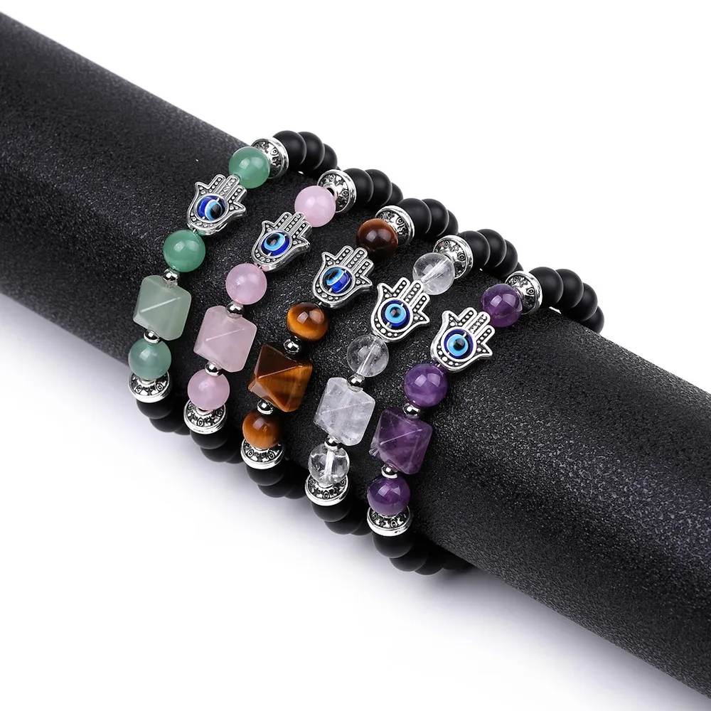 Hand of Fatima Hamsa 10mm Amethyst Pyramid Bracelet Women Rose Quartz Tiger Eye Beaded Retro Jewelry Gift