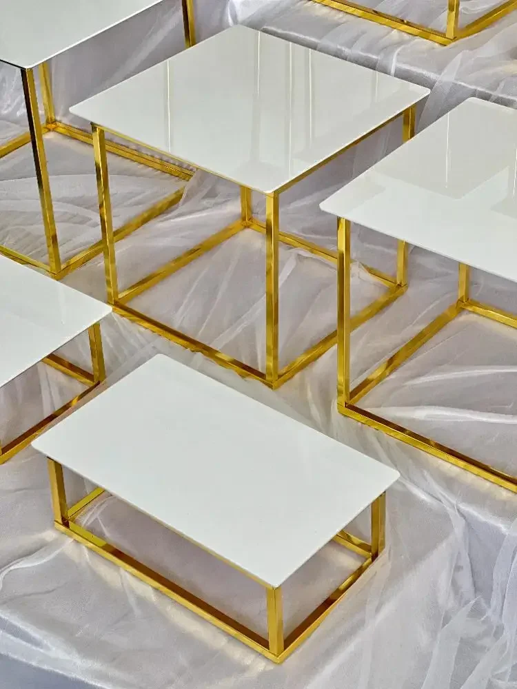 12-20 PCS Luxury Gold Frame White Top Dessert Table Display Stand Set Wedding Cake Stand & Candy Buffet Risers for Party Events