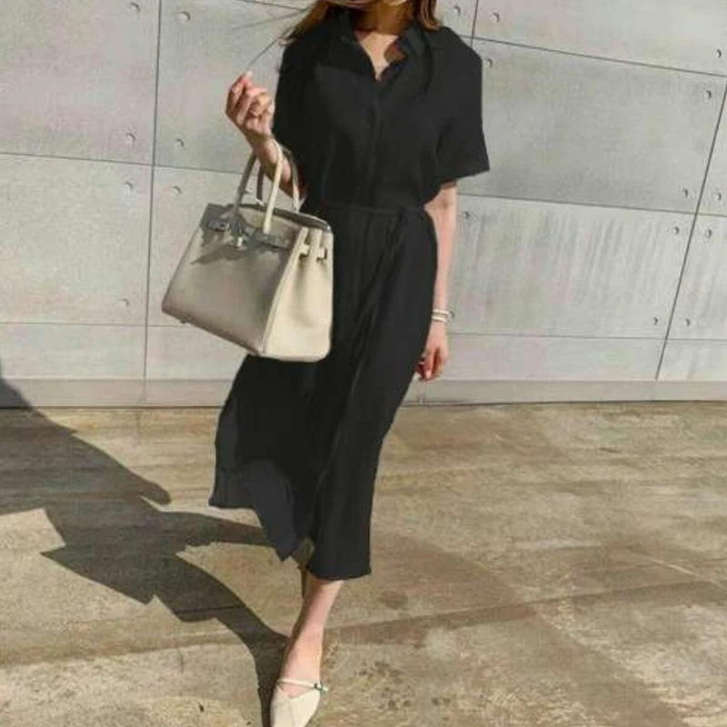 Summer Cotton and Linen Long Dress Fashion New Polo Neck Single Breasted Shirt Dress Casual Simplicity Loose Lace-up Vestidos