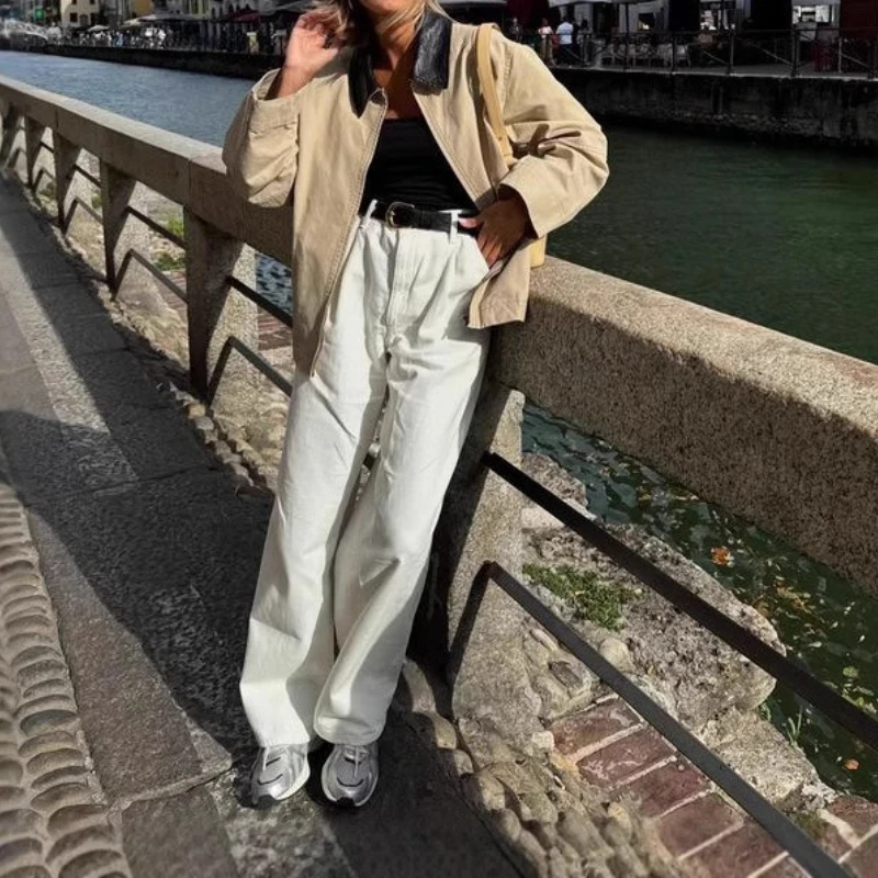 

Fashion Commuter Jacket 2025 Spring and Autumn Leather Collar Contrast Cotton Women's Jacket Coat