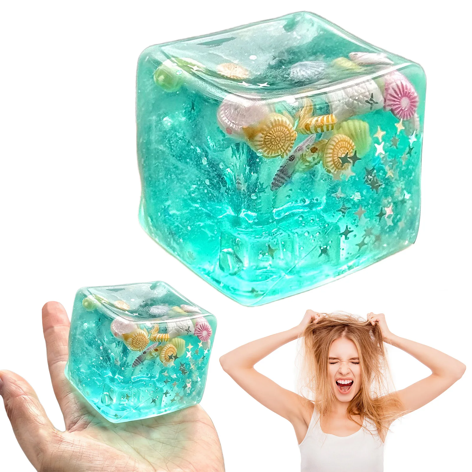Blue Squeeze Cube with Luminous Sea ​​Animals Inside Squishy Stress Fidget Gummy Toy Glow in The Dark Animal Maltose Sensory Toy