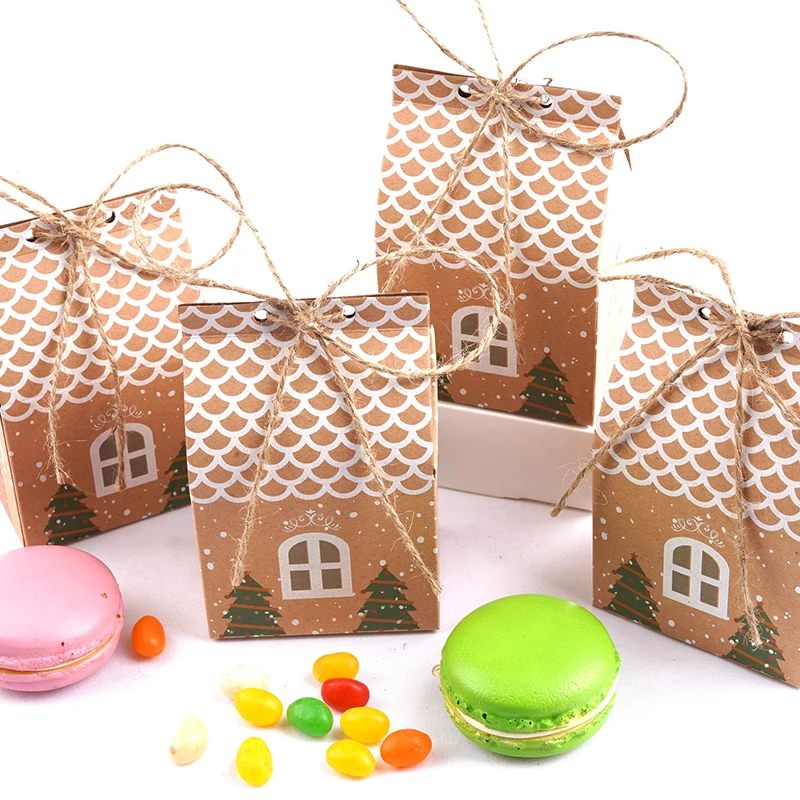 Cajas de regalo de dulces de papel Kraft de Navidad con cuerda, bolsa de papel de regalo para galletas, bolsas de recuerdo de fiesta de casa de dibujos animados, suministros de decoración para fiesta de Navidad