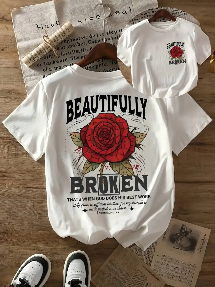 2026 Fashion New Vintage Washed Cotton Women Oversized T-Shirt, White Round Neck, Moderate Stretch, Broken Rose Geometric & Inspirational Slogan Print, Breathable Retro Streetwear Daily Casual Basic Top Tee