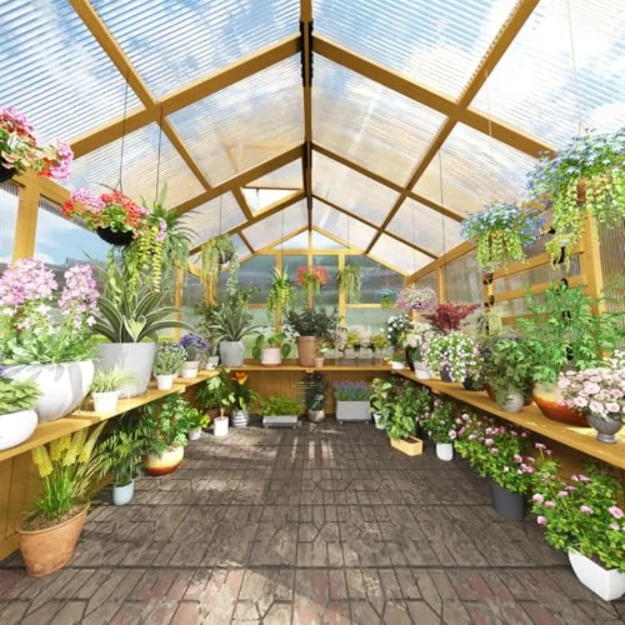 8 x 8 FT Outdoor Wooden Greenhouse, Walk-in Heavy Duty Greenhouse, Cedar Frame with 6MM Thick Polycarbonate Panel and Adjustabl