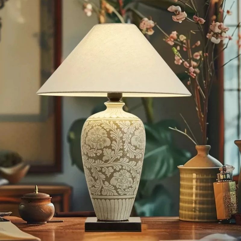 

Chinese Retro Ceramic Table Lamp Fabric Lampshade Bedroom Bedside Study Restaurant Living Room Zen Vintage Decor LED Desk Lights
