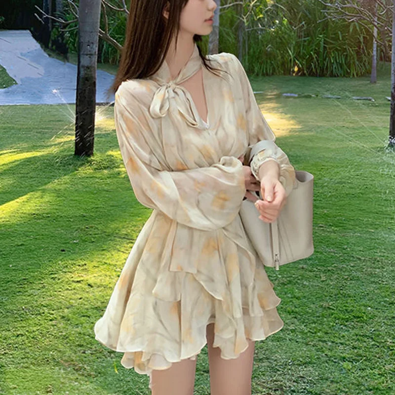 Spring Summer V-neck Floral Printing Waist Mini Chiffon Vestido Ladies Puff Long Sleeve Casual Fashion Robe Women Elegant Dress