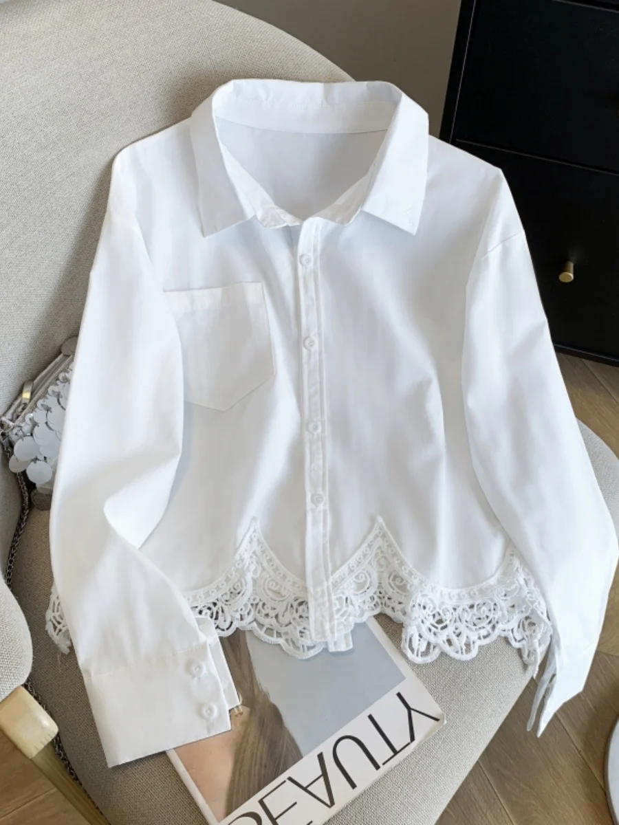 

Elegant Hollow out Lace Trim Long Sleeve Short Shirt Women Early Autumn 2026 New Fashion Slimming Top Cotton Straight Cut