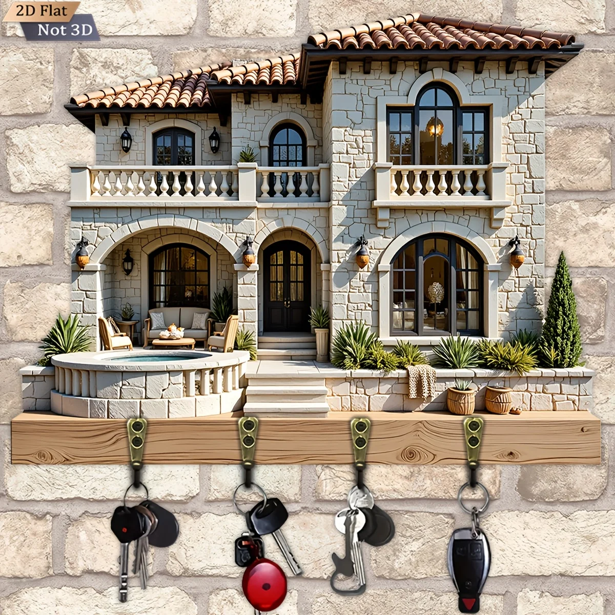 Colgador de llaves multifuncional de madera de estilo europeo, plano en 2D, 1 unidad, con cuatro ganchos de metal, decoración de pared, decoración de porche