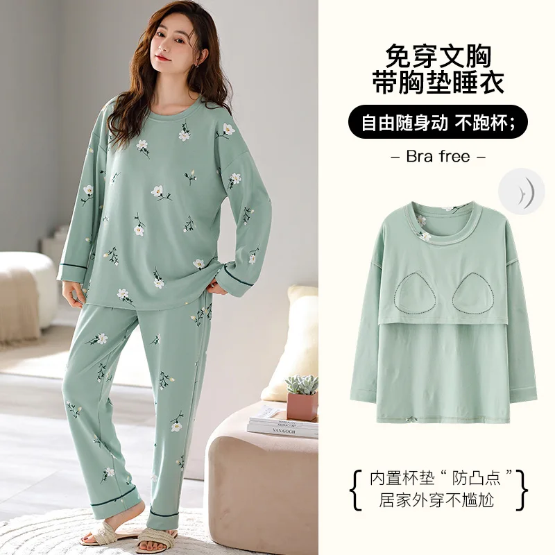 Big Size M-5XL Women Pajamas Set Spring Autumn Knited Cotton Pyjamas With Chest Pad Women Floral Printing Long Sleeve Sleepwear