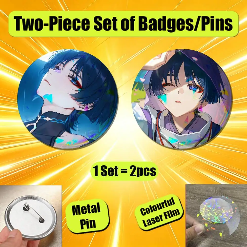 For Scaramouche Genshin Impact Enamel Pin Badge Set 2PCS Round Metal Button Brooch Backpack Ita Bag Pins Custom