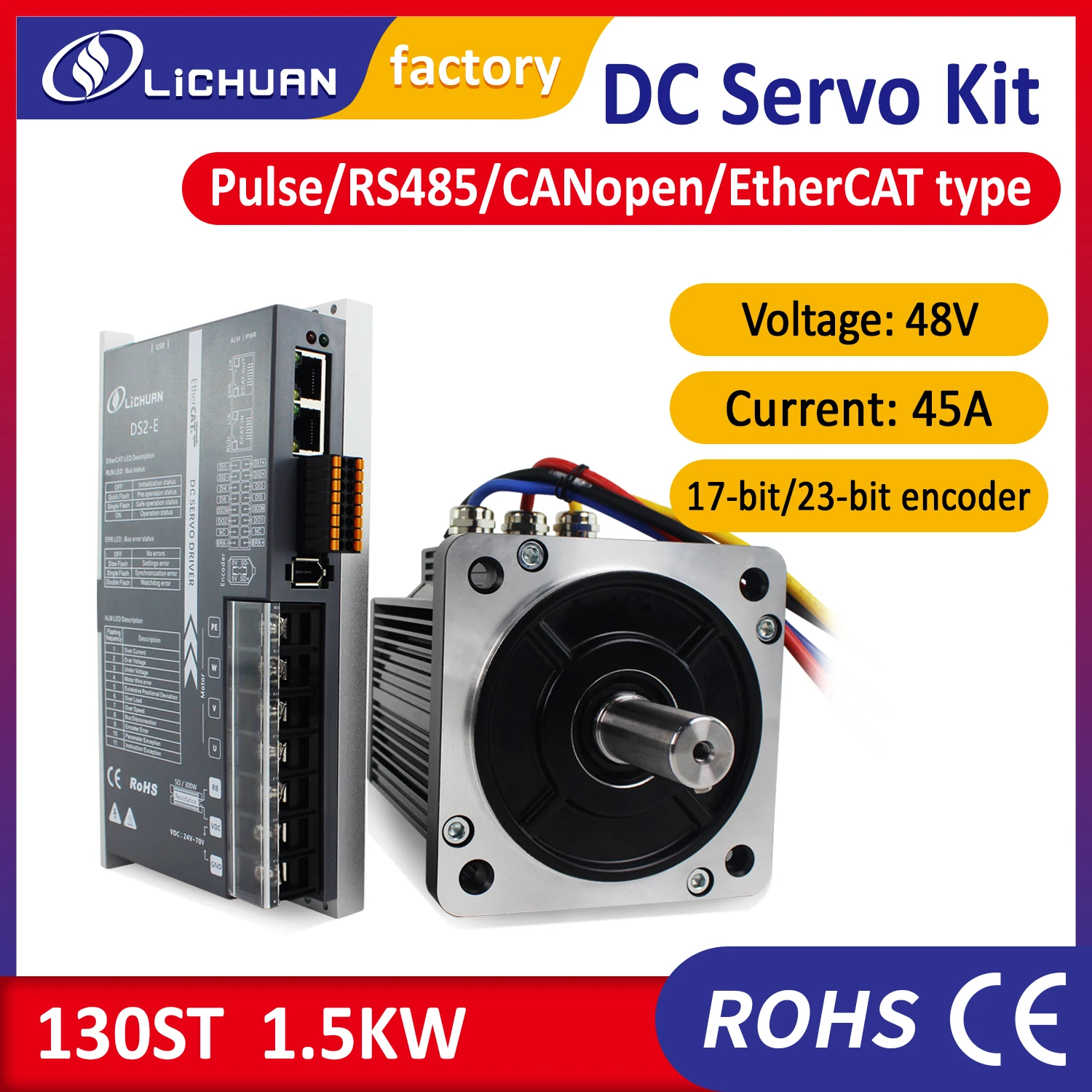 New DC 48v servo motor Frame130 1.5KW 6Nm 2500rpm with servo driver 45A pulse/MODBUS RS485/CANopen/Ethercat control optional