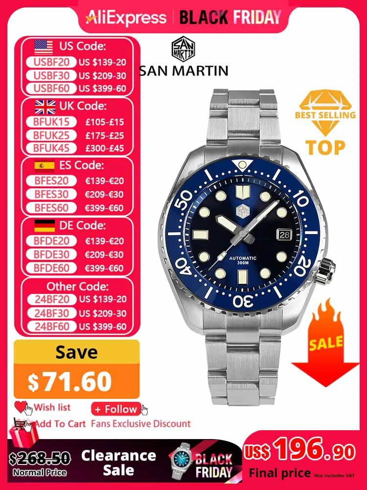 San Martin-Reloj de buceo MM300 NH35 para hombre, cronógrafo mecánico automático de lujo para negocios, con fecha de zafiro C3, superluminoso, 30bar