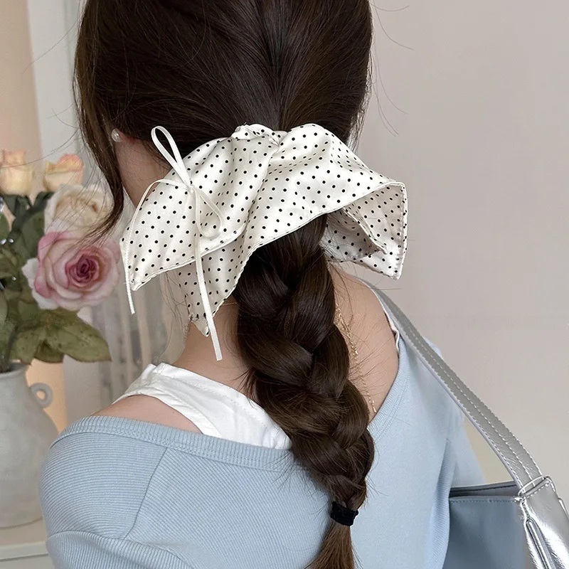1pc Vintage Polka Dot Scrunchie French Style Square Scarf Hair Tie for Women High Bun Ponytail Holder 2026 New Chic Daily Wear