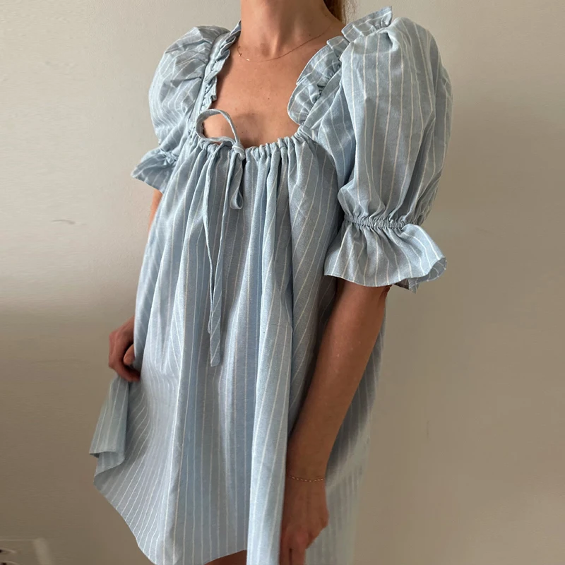 Y2K Kawaii Short Puff Sleeves Mini Dress Vintage Square Neckline Tie Up Bodydall Dress Daily Party Club Loose Fit A-line Dress