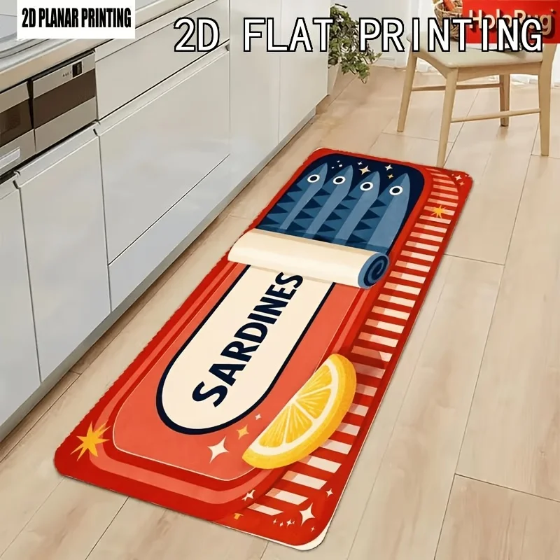 Retro Sardine Can with Lemon Print Kitchen Mat, Non-Slip Washable Durable Runner Rug for Kitchen & Coastal Themed Home Decor
