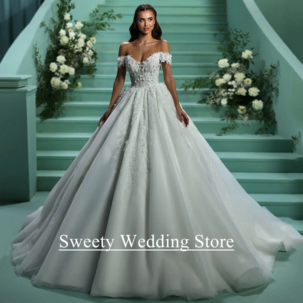 Luxury Ball Gown Wedding Dress for Bride 2025 Customized Off The Shoulder V Neck Sparkling Beading Applique Bridal Gowns