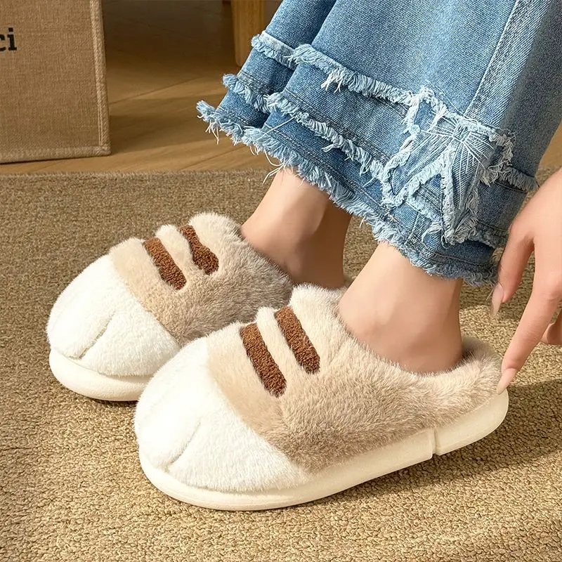 

Soft fluffy stereoscopic cat paw slippers men women thick fur home slides ladies winter warm cute versatile indoor shoes