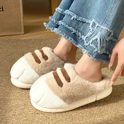 Soft fluffy stereoscopic cat paw slippers men women thick fur home slides ladies winter warm cute versatile indoor shoes