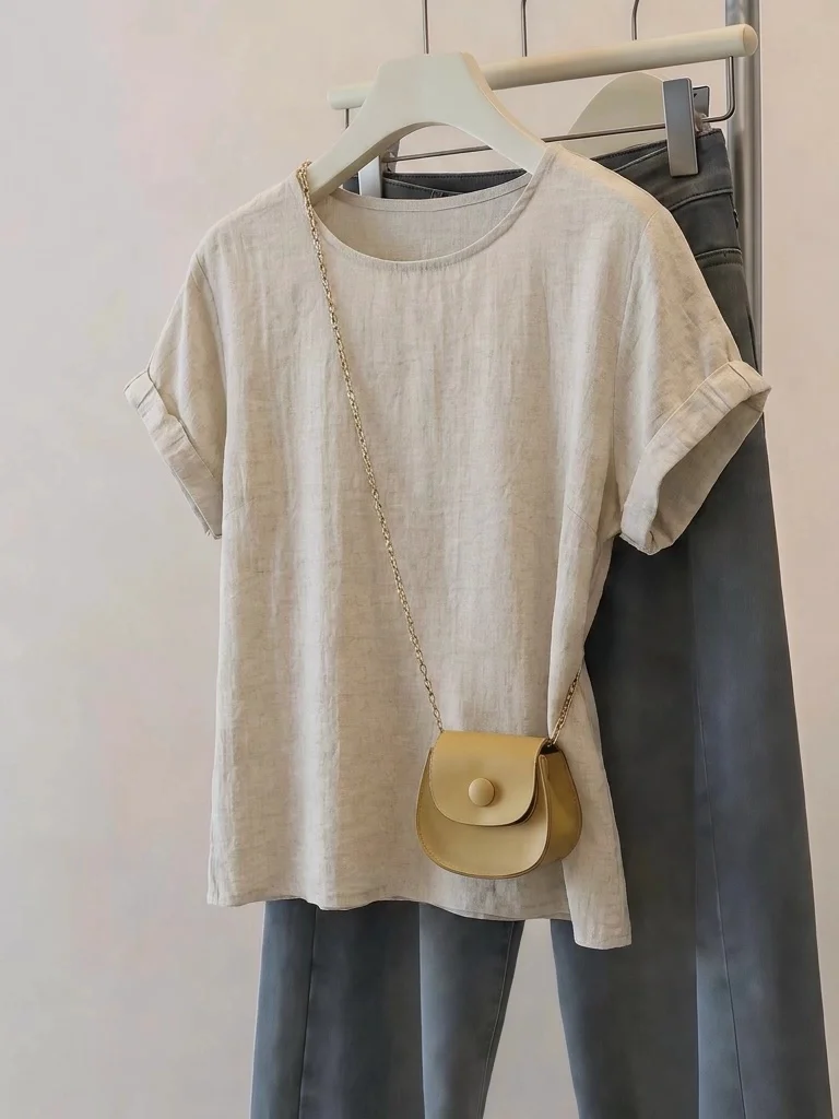 Ladies' Cotton Linen Short Sleeve T-Shirt Shoulder Width Regular Summer 2026 New Style plus Size Conceals Belly Simple Design